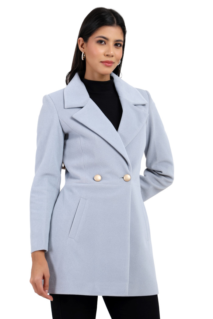 Women’s Double Breasted Velvet Coat in Sky Blue